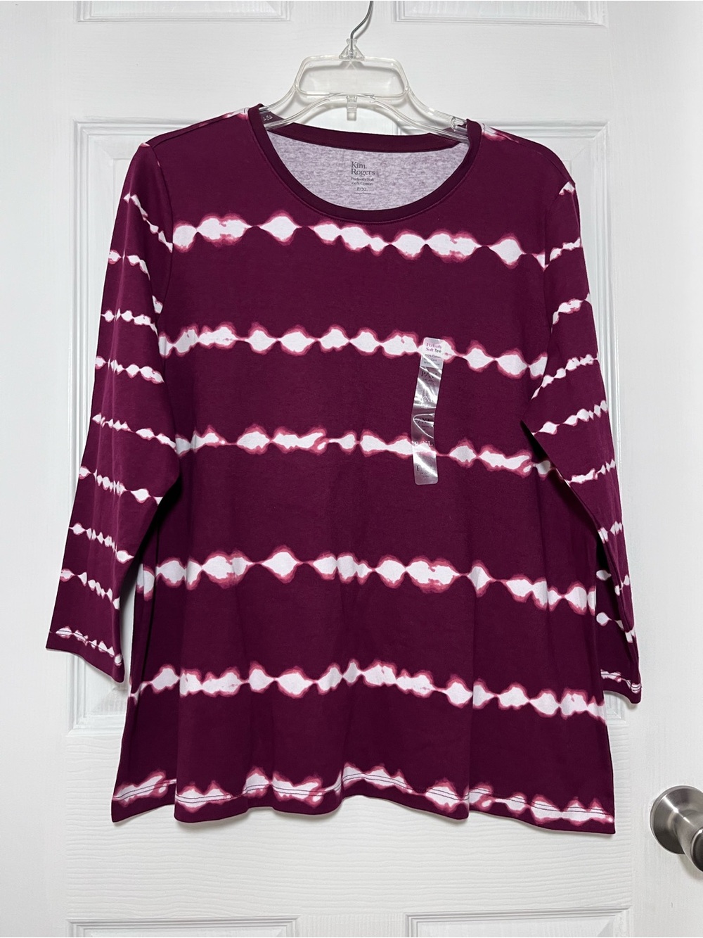 Kim Rogers 100% Cotton Burgundy and White Tie-Dye Stripe Long Sleeve Top